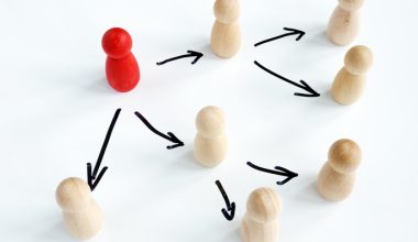 On a white table, there is a red wooden peg standing in front of two rows of uncolored wooden pegs. There are black arrows pointing from the red peg to the other pegs.